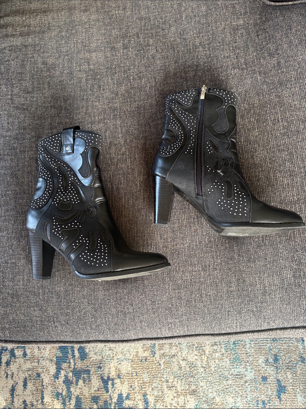 Black Studded Western-Style Heeled Ankle Boots